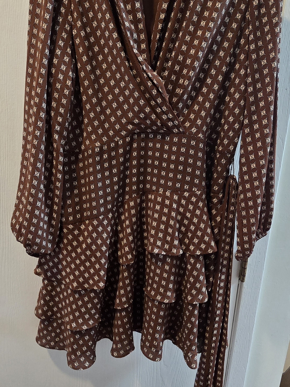 Express Brown Printed Long-Sleeve Wrap Tiered Dress